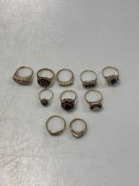 Ten hallmarked 9ct gold stone set rings, gross weight 29.3g