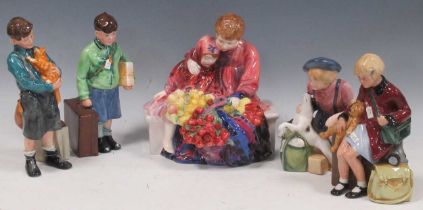 A group of Royal Doulton figurines, Boy Evacuee, Girl Evacuee, Welcome Home, The Homecoming and