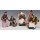 A group of Royal Doulton figurines, The Wayfarer, The Old Balloon Seller, Forty Winks, The Orange