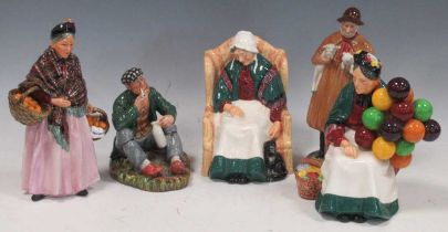 A group of Royal Doulton figurines, The Wayfarer, The Old Balloon Seller, Forty Winks, The Orange
