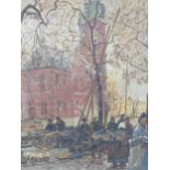 An early 20th century street scene, oil on canvas, unframed Singed Antvorskov 1921 62.5cm x 47cm