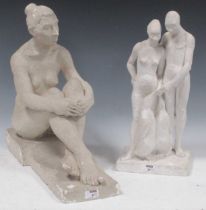 A plaster nude figure ornament and another of two figures together feeding penguins (2) Couple