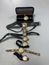 Six wrist watches, cases hallmarked or assessd as 9ct gold, together with two hallmarked 9ct gold