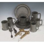 A collection of metalware and plate to include pewter mugs etc