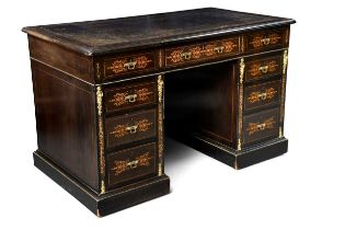 A Victorian Aesthetic Movement ebonised and boxwood inlaid twin pedestal desk