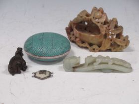 A Chinese mutton fat jade belt hook, late Qing Dynasty, a carved soapstone ornament, a turquoise