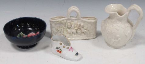 Moorcroft blue floral bowl, Herend painted shoe, a Belleek basket, and a Copeland jug (4)