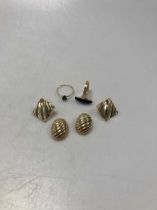 Two pairs of earrings stamped '14K' and a ring stamped stamped '14K', gross weight 9.7g, together