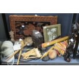 Various textiles, wooden, and ceramic collectables from Thailand, South America and the East (qty)