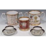 Three mid 19th century English loving cups and a pair of porcelain tea bowls, etc General rubbing to