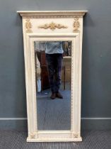 A French white painted rectangular pier mirror, would applied floral moulded decoration, 137 x 65cm