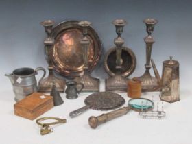 A set of 4 plated candlesticks in Adam style, circa 1900, and few items of silver plate etc The four