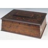 An Irish yew wood work box, 12 x 34.5 x 25cm, with a weighing scale, opera glasses and beadwork