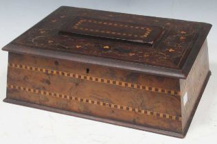 An Irish yew wood work box, 12 x 34.5 x 25cm, with a weighing scale, opera glasses and beadwork