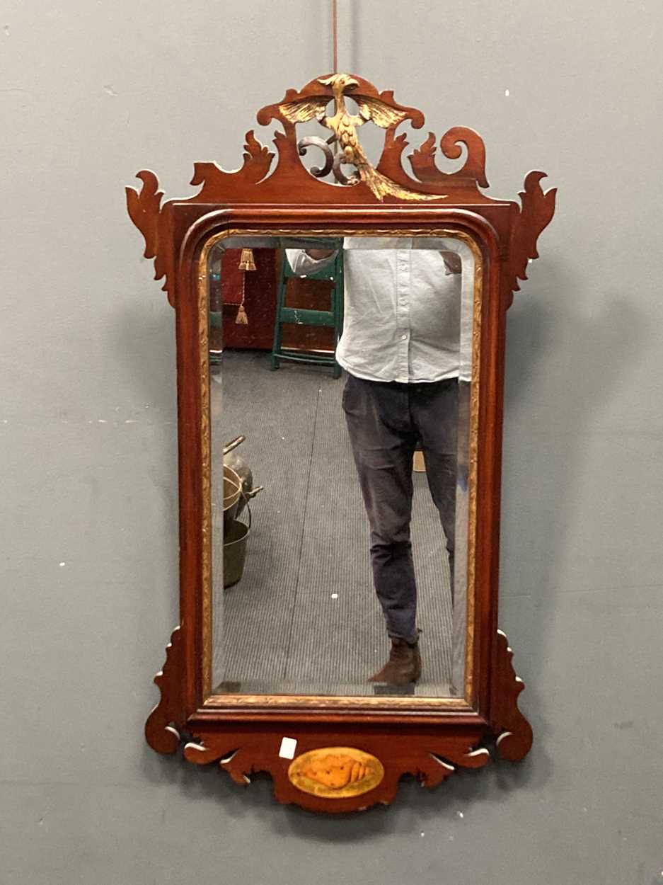 A George III style mahogany fret cut wall mirror with gilt bird cresting 91 x 49cm