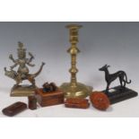 A 19th century bronze desk weight of a greyhound, a bronze Buddha, various small boxes and an 18th