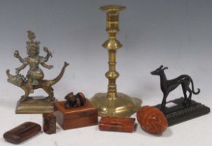 A 19th century bronze desk weight of a greyhound, a bronze Buddha, various small boxes and an 18th