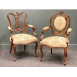 Two Edwardian upright carved frame open armchairs