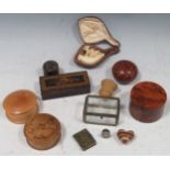 A collection of various treen trinket boxes and carved wood items, a miniature copy of Small Rain