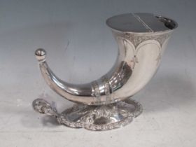 A silver plated horn shaped spoon warmer, base marked Benetfink & Co Cheapside