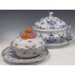 A Meissen onion pattern tureen and stand G & C tureen with cover and stand and a botanical tureen (