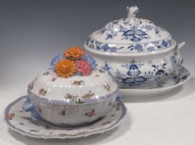 A Meissen onion pattern tureen and stand G & C tureen with cover and stand and a botanical tureen (