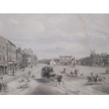 St Neots Market Place lithograph; together with Snipe shooting aquatints (3) (image) 35cm x 48cm,