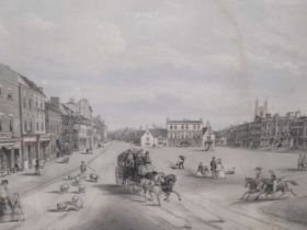St Neots Market Place lithograph; together with Snipe shooting aquatints (3) (image) 35cm x 48cm,