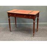 A late Victorian inlaid work table with two hinged top side compartments on turned legs 74 x 102 x