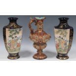 A pair of Japanese Satsuma type vases and a Continental ewer, tallest 32cm high Continetal ewer: