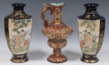 A pair of Japanese Satsuma type vases and a Continental ewer, tallest 32cm high Continetal ewer: