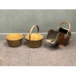 Two brass jam pans together with a copper coal scuttle (3)