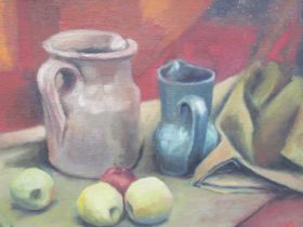British school 1970's still life of apples and jugs oil on canvas, signed indistinctly lower