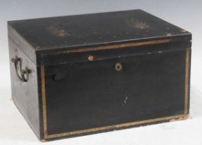 A black lacquered pen work box, 19th century, the hinged lid enclosing a pewter container with