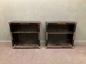 A pair of Regency style ebonised open bookshelves with gitl metal bun feet 89 x 94 x 30cm (2)