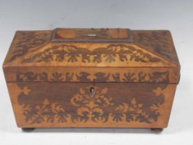 A Victorian rosewood and satinwood marquetry sarcophugus tea caddy 17 x 34 x 16.5cm