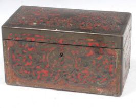 A French Boulle-work tea caddy, 19th century, decorated with red turtleshell and brass marquetry,