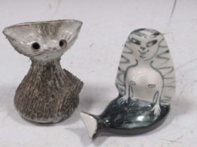 A Richard & Susan Parkinson figure of 'Smiling Mermaid', and a Briglin model of a cat, 12cm high