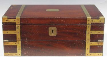 A 19th century mahogany brass bound writing slope, London makers label to underside of top, James