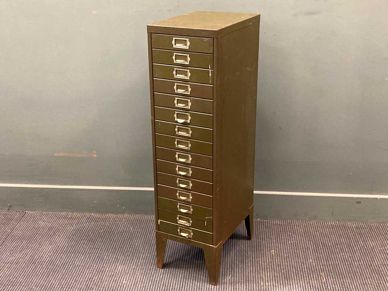An industrial green painted office drawer unit, 99 x 27 x 39cm