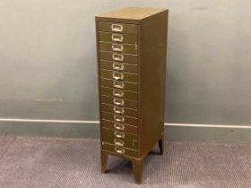 An industrial green painted office drawer unit, 99 x 27 x 39cm