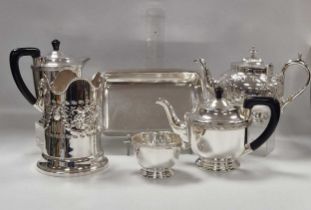 A collection of silver plated items including tray, coasters teapot etc.