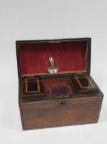 A Regency rosewood and brass banded sarcophagus tea caddy, together with a 19th century rosewood