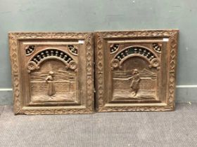 A pair of 19th century Dutch oak pierced panels depicting a man and a woman by a wall 63 x 62cm