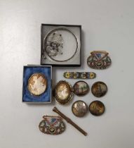 Two cameo brooches, a mosaic belt buckle, a cloisonne clasp, four buttons decorated with shipping