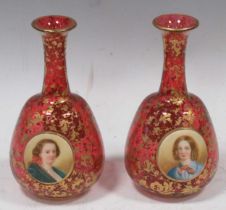 A small pair of Bohemian ruby glass vases painted with portrait roundels, 16cm high see additional