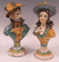 A pair of Maiolica portrait busts, 26cm high Severe chipping to the paint throughout. Losses to