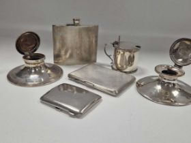 A collection of silverware including flatware, cruets, inkwells, a hip flask, cigarette cases etc,