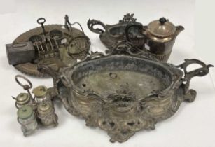 A quantity of silver plated wares including two large French rococo style jardinières, the larger: