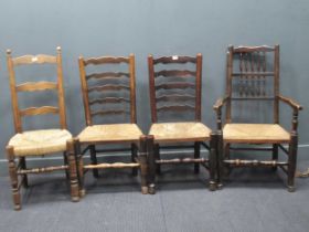 Various provincial stick-back chairs with rush seats; togtehr with a set of four pine spindle back